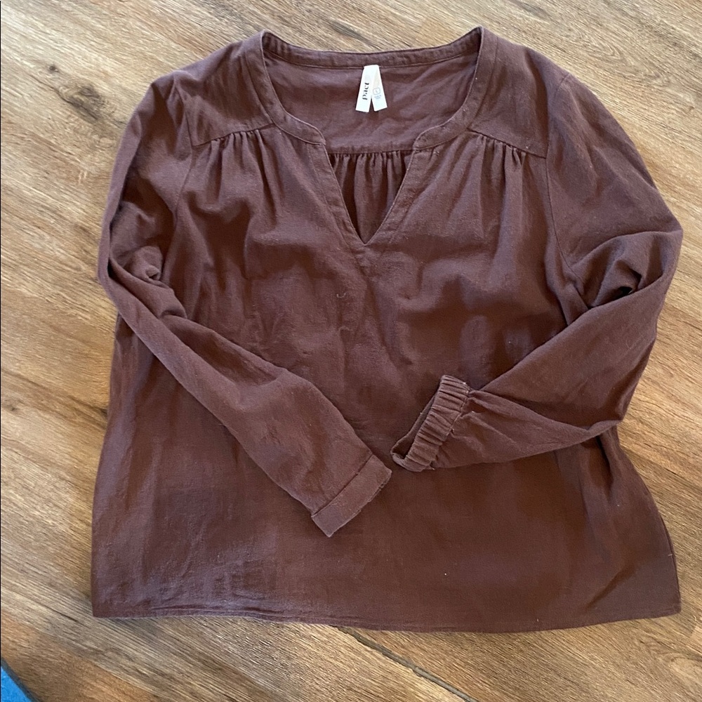 Pact organic cotton notch v-neck gauze blouse top shirt L large brown